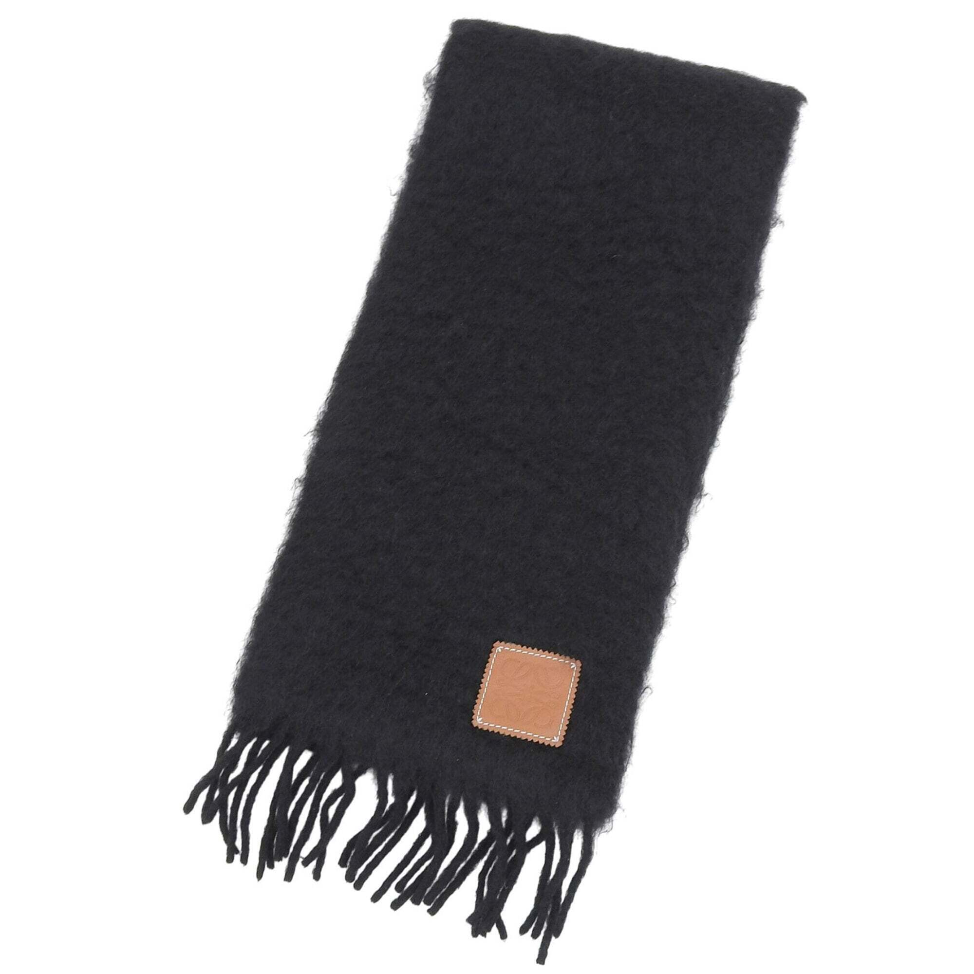 Loewe Mohair Wool Blend Anagram Leather Patch Fringe Long Scarf, Black, Made ...